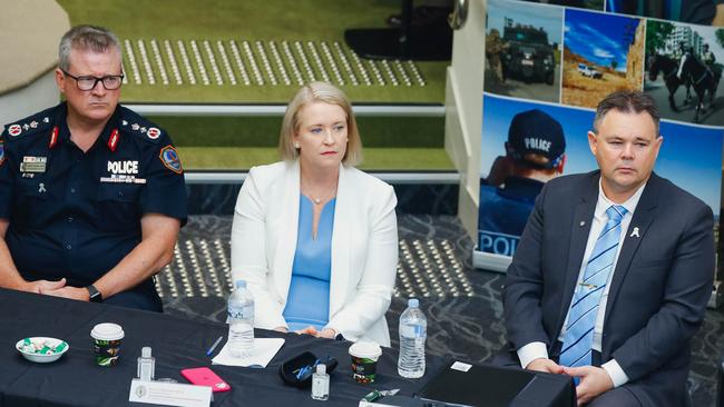 From left, NT Police Commissioner Jamie Chalker, Police Minister Nicole Manison and NTPA President Paul McCue ... Mr McCue says the toll is rising on the mental health and wellbeing of NT police officers. Picture: Glenn Campbell