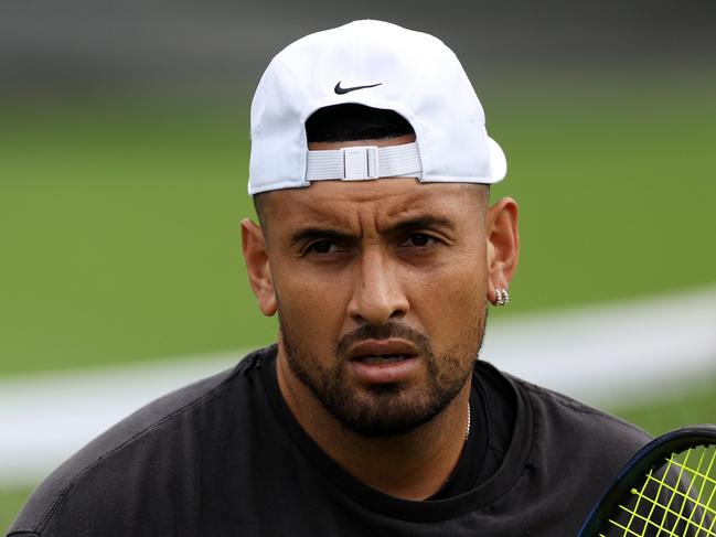 LONDON, ENGLAND - JULY 02: Nick Kyrgios of Australia looks on during a practice session ahead of The Championships - Wimbledon 2023 at All England Lawn Tennis and Croquet Club on July 02, 2023 in London, England. (Photo by Patrick Smith/Getty Images)