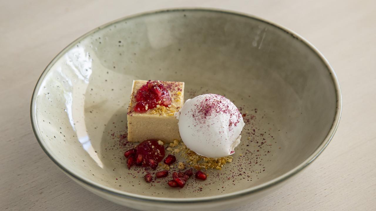 Sweet finale: Aunty Carol’s love cake with coconut sorbet at Pucca. Picture: Mark Cranitch.