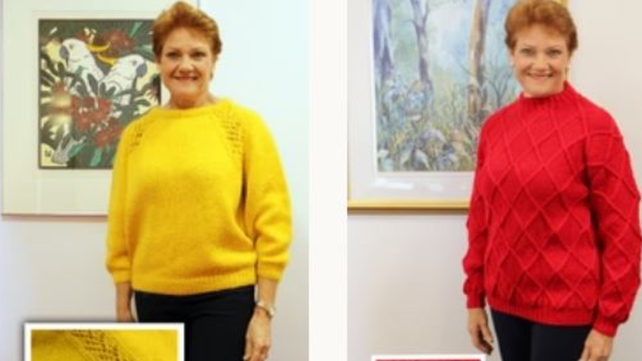 Pauline Hanson is modelling a line of knitwear to help fund her legal fees. Picture: One Nation