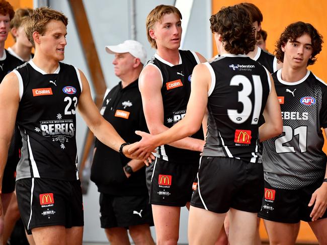 MELBOURNE, AUSTRALIA - MARCH 11: GWV Rebels players in action during the 2023 Coates Talent League Boys Testing Day at Maribyrnong College on March 11 in Melbourne, Australia. (Photo by Josh Chadwick/AFL Photos via Getty Images)