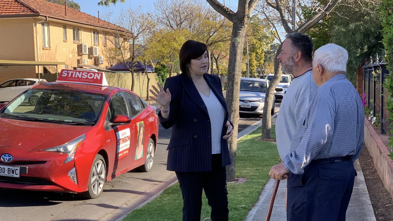 Local Labor MP for Badcoe, Jayne Stinson talking to residents along Grosvenor Street, Glandore on Wednesday morning. Picture: Sarah Reed
