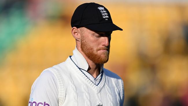 DHARAMSALA, INDIA - MARCH 08: England captain Ben Stokes leaves the field at stumps on day two of the 5th Test Match between India and England at Himachal Pradesh Cricket Association Stadium on March 08, 2024 in Dharamsala, India. (Photo by Gareth Copley/Getty Images)