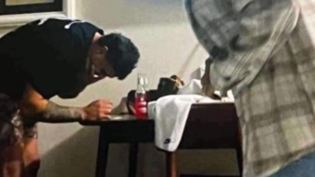 Latrell Mitchell was embroiled in a white powder scandal after this image emerged <br/>on social media of him with an unknown substance last year. There is no suggestion that the white powder is an illicit substance.