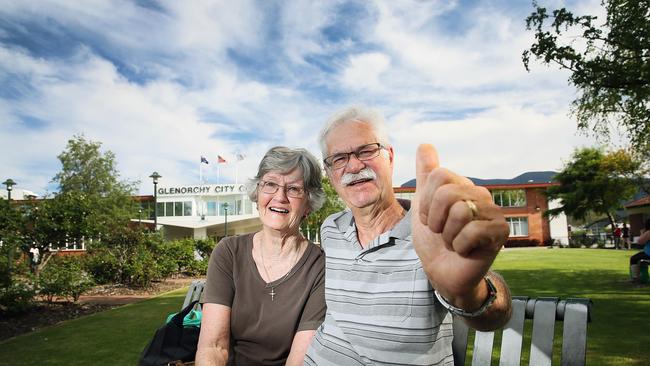 Glenorchy ratepayers Jenifer 74, left, and Noel, 72, Modystach welcome Peter Gutwein's decision to introduce legislation to sack the council. Picture: SAM ROSEWARNE