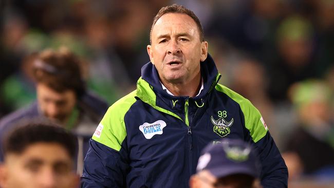 CANBERRA, AUSTRALIA - APRIL 29: Raiders coach Ricky Stuart watches on during the round eight NRL match between the Canberra Raiders and the South Sydney Rabbitohs at GIO Stadium, on April 29, 2021, in Canberra, Australia. (Photo by Mark Nolan/Getty Images)