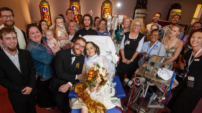 Toni Carroll and Jesse Welsh and their wedding guests at the Alfred Hospital. Pictures: Jay Town