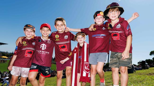 Maroons Fans Bodhi Adams, Rusty Gardener, Zayden Vassal, Indy Adams, Conan Adams, and Tave Brown at the Queensland open Origin training day at Sunshine Coast Stadium on Sunday. Picture Lachie Millard