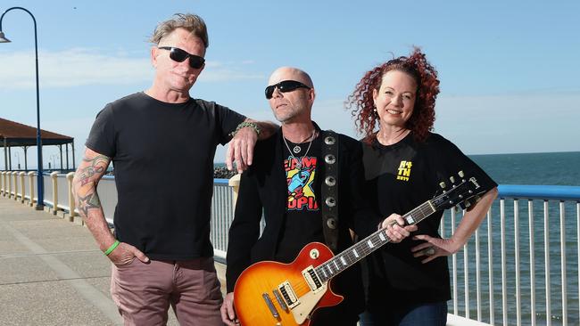 Dan Nebe, Mick Bristow and Jen Haggar gearing up for Rockin 4 the Homeless at Picnic Hill. Photo: AAP /Jono Searle