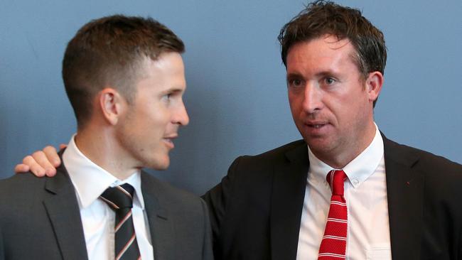 Robbie Fowler with Brisbane Roar captain Matt McKay in 2015. Picture: Jono Searle