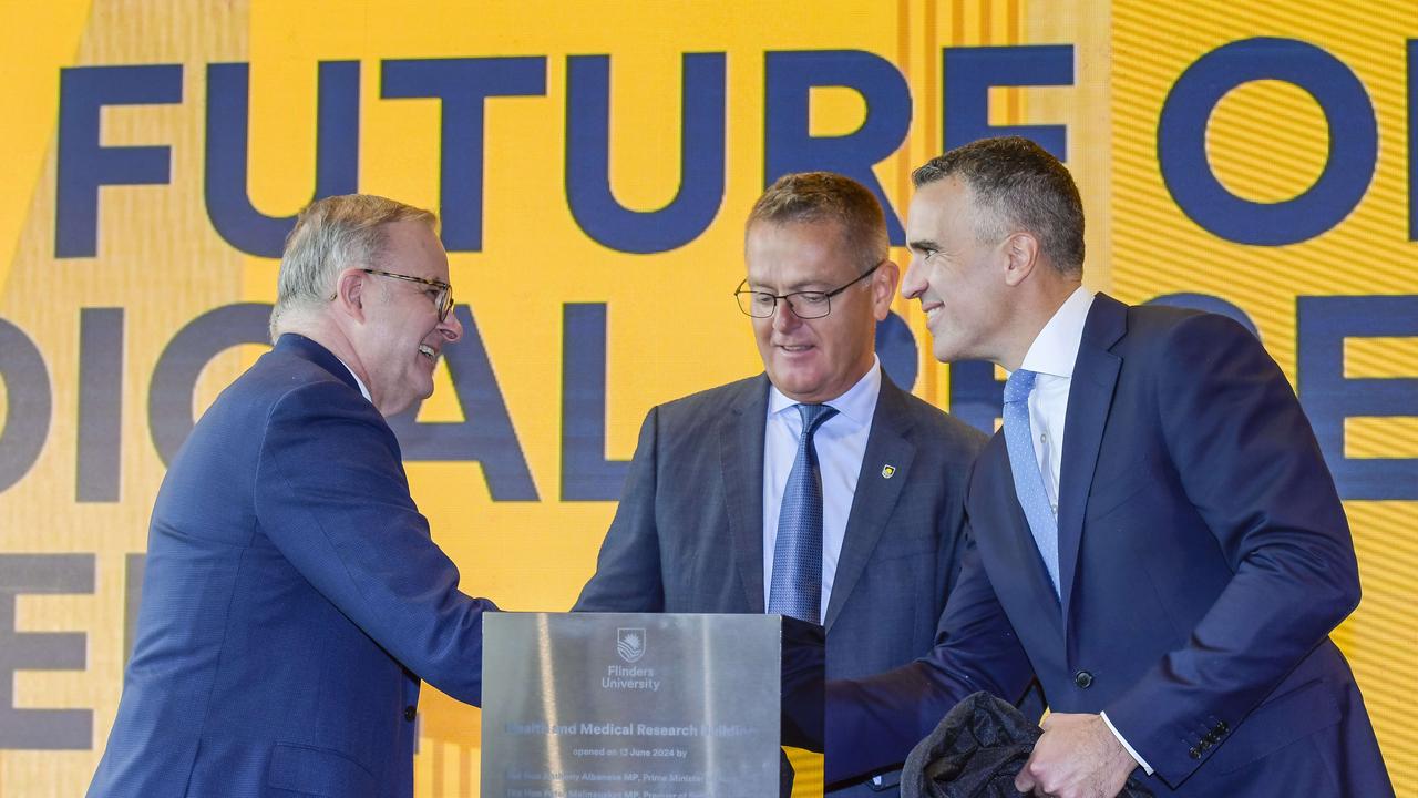 Prime Minister Anthony Albanese at the opening of a new building at Flinders University with Premier Peter Malinauskas and Vice Chancellor Stirling earlier this year. Picture: NewsWire / Roy VanDerVegt