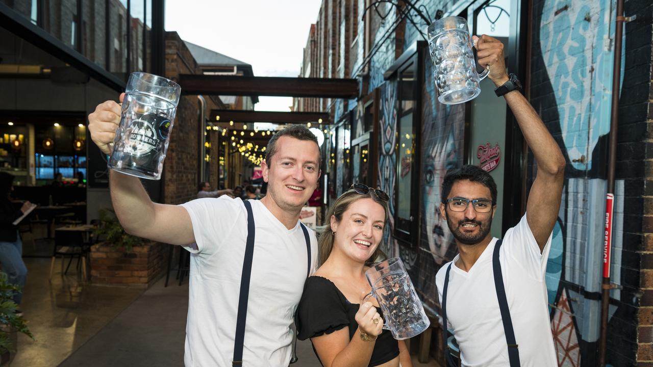 At Walton Stores to celebrate Oktoberfest are (from left) Liam Cross, Ciara Halpin and Anish Gandhi as 4 Brothers Brewing and Konig's Biergarten Toowoomba join forces, Saturday, October 23, 2021. Picture: Kevin Farmer