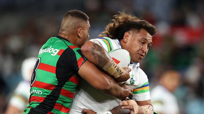 Just weeks after calling time on his Origin career, Josh Papali’i produced a monster effort in the Raiders win over South Sydney. Picture: Getty Images.