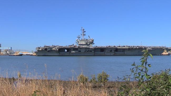 Tug boats from Svitzer Brisbane bring USS Ronald Reagan into Port of Brisbane