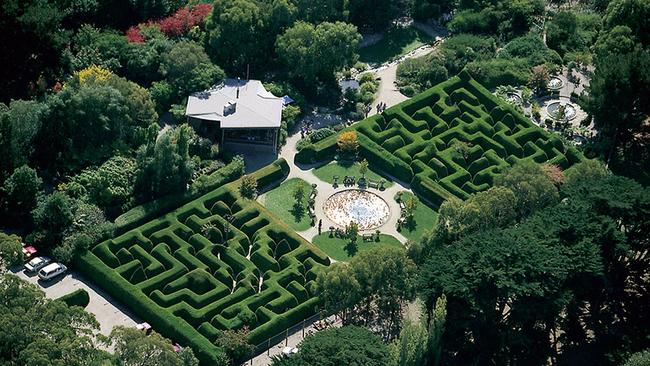 Aerial view of Ashcombe Maze, set in 20 hectares of garden at Shoreham, on the Mornington Peninsula.