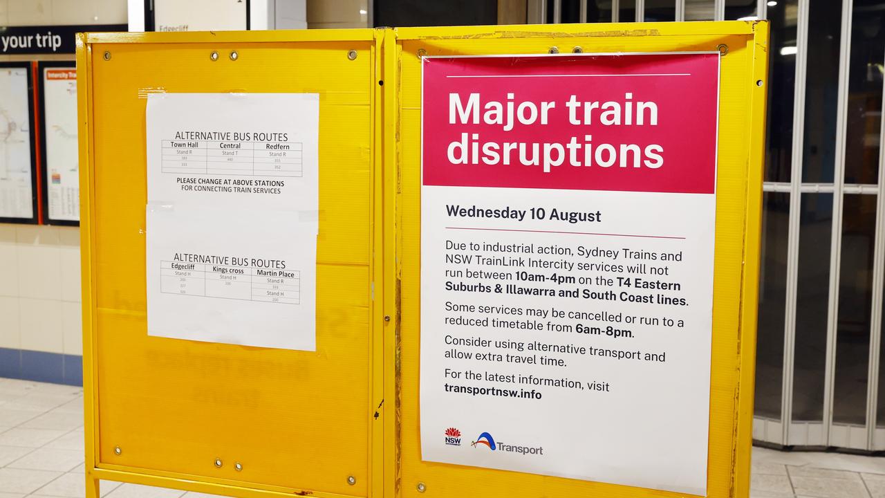 An information board at Bondi Junction train station in Sydney when services did not run on Wednesday. Picture: Richard Dobson