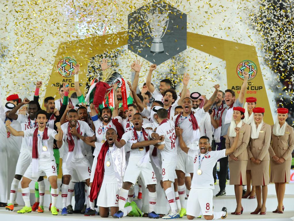 Players of Qatar lifts the AFC Asian Cup trophy following their victory in the AFC Asian Cup final. Picture: Getty Images