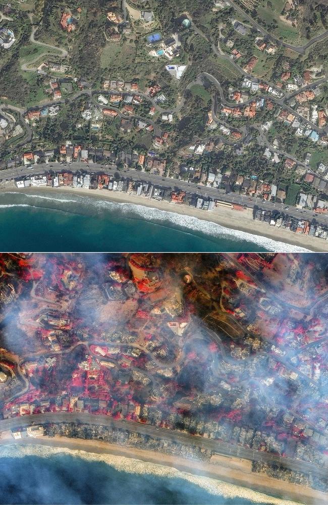 Homes before the Palisades fire in La Costa Beach, Malibu, Los Angeles, California on January 18, 2024, (bottom) this handout satellite picture courtesy of Maxar Technologies shows a Shortwave infrared (SWIR) overview of homes after in La Costa Beach, Malibu, Los Angeles, California on January 9, 2025. Picture: Maxar Technologies / AFP