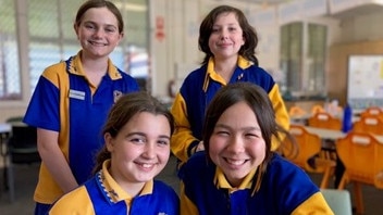 Humpybong State School students in the Eco Marines program. (Bottom) Indie Hooper, Amie Ito, (Top) Chloe Page and Ocean Wilkins.