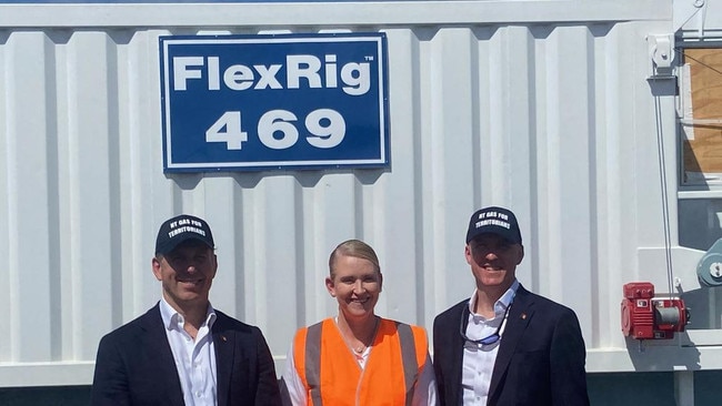 Tamboran chief executive Joel Riddle, former deputy chief minister Nicole Manison and John Bell from drilling rig supplier Helmerich &amp; Payne.