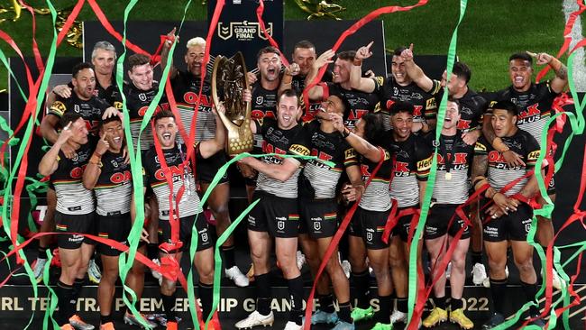 Panthers players celebrate with the Premiership Trophy. Pic: Getty