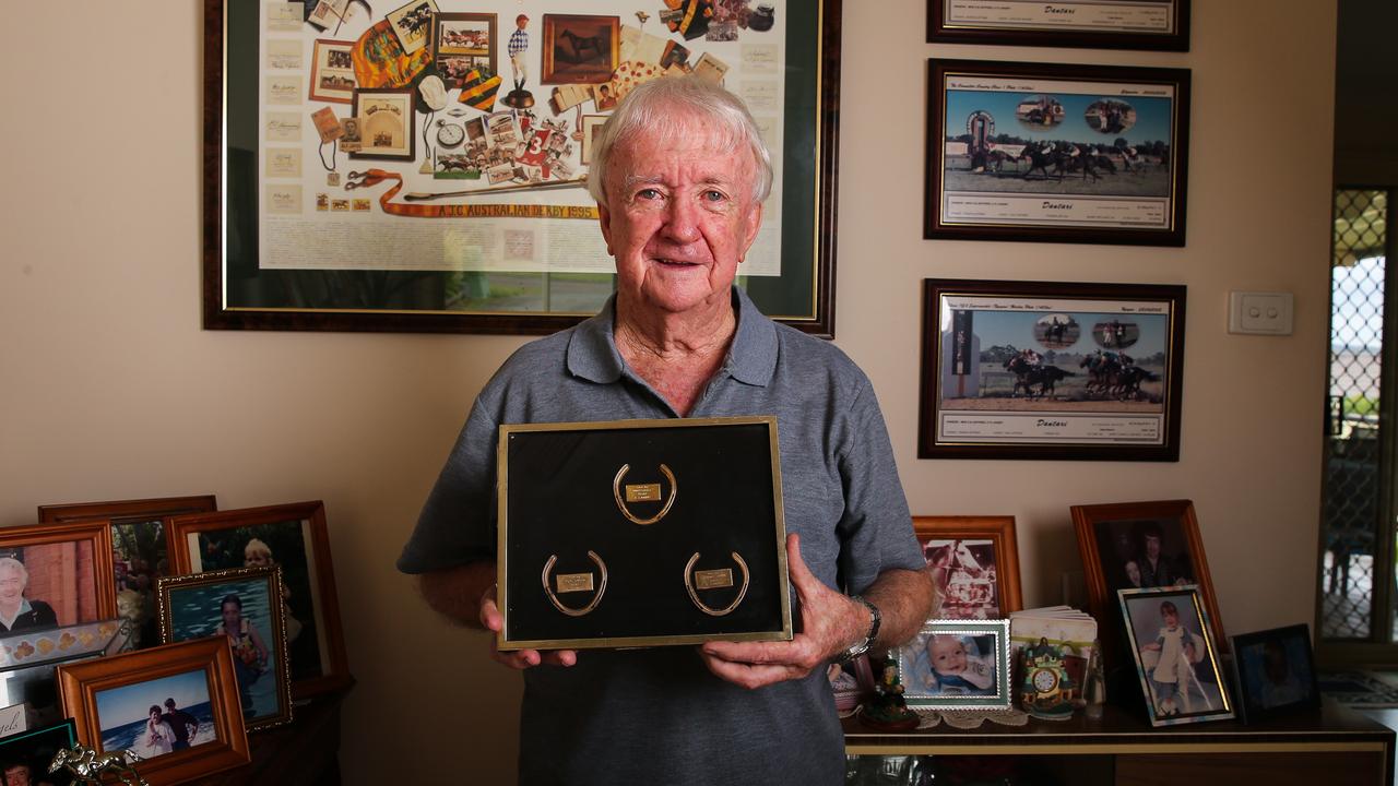 Kevin Langby at home this week with his three Golden Slipper trophies. Gaye Gerard