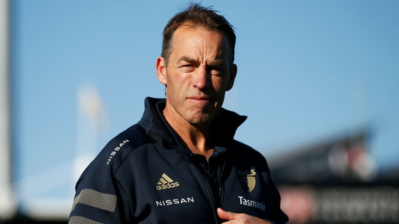 LAUNCESTON, AUSTRALIA - JULY 10: Hawks head coach Alastair Clarkson looks on before the round 17 AFL match between Hawthorn Hawks and Fremantle Dockers at University of Tasmania Stadium on July 10, 2021 in Launceston, Australia. (Photo by Daniel Pockett/AFL Photos/via Getty Images)