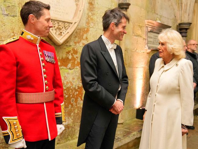 Camilla speaks with pianist Rupert Egerton-Smith upon her arrival to attend a Musical Evening at Salisbury Cathedral, in Salisbury, England. Picture: AFP