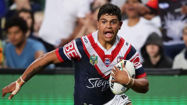 SYDNEY, AUSTRALIA — SEPTEMBER 23: Latrell Mitchell of the Roosters scores a try during the NRL Preliminary Final match between the Sydney Roosters and the North Queensland Cowboys at Allianz Stadium on September 23, 2017 in Sydney, Australia. (Photo by Matt King/Getty Images)