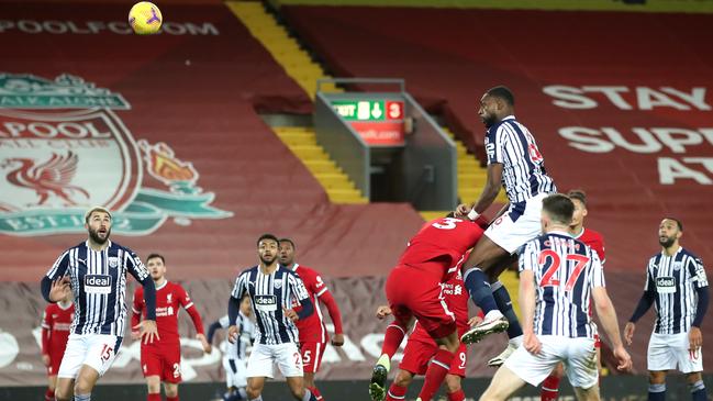 West Brom defender Semi Ajayi heads the ball home to equalise against Liverpool