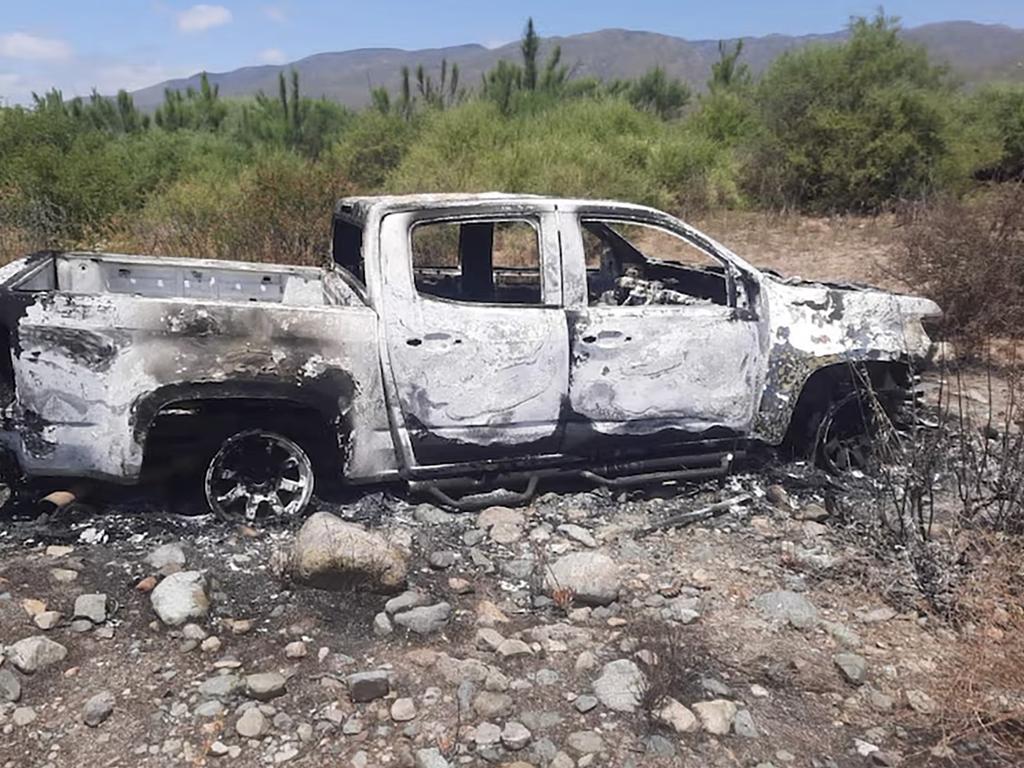 Burned truck of the three surfers killed in Mexico.