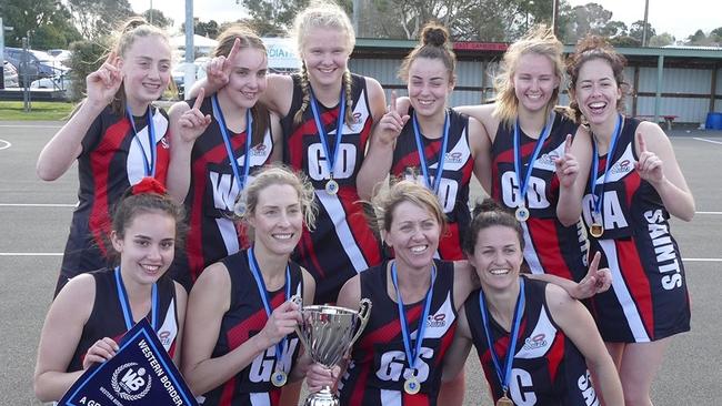 The Millicent Saints winning team. Back row: Lucy Denton, Paige Nitschke, Madi Haggett, Madi Turner, Kimmi Varcoe and Demi Verbena (coach). Front: Hannah Nitschke, Hayley Dunn, Donna Denton, Lisa Duldig (Captain). Picture: FACEBOOK