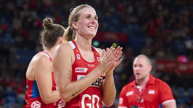 SYDNEY, AUSTRALIA - APRIL 21: Maddy Turner of the Swifts celebrates victory during the round two Super Netball match between NSW Swifts and Melbourne Mavericks at Ken Rosewall Arena, on April 21, 2024, in Sydney, Australia. (Photo by Brett Hemmings/Getty Images)