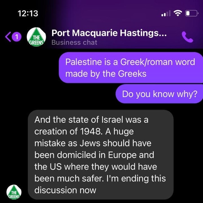 Facebook message exchange with the Port Macquarie Hastings branch of the Greens, January 14, 2024, referring to the creation of Israel as a "mistake". Photo: Supplied