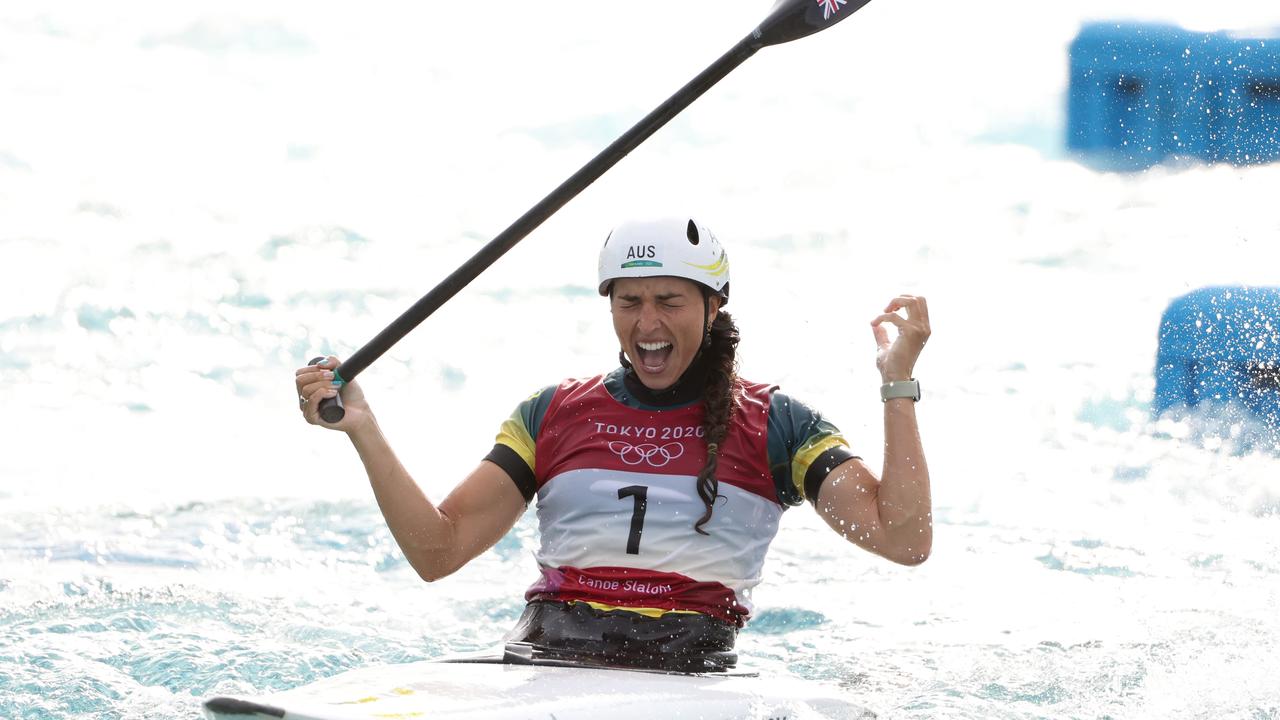 TOKYO, JAPAN - JULY 29: Jessica Fox of Team Australia reacts after her run in the Women's Canoe Slalom Semi-final on day six of the Tokyo 2020 Olympic Games at Kasai Canoe Slalom Centre on July 29, 2021 in Tokyo, Japan. (Photo by Harry How/Getty Images)