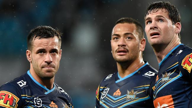 GOLD COAST, AUSTRALIA - JULY 26: Corey Thompson, Phillip Sami and Anthony Don of the Titans look on during the round 11 NRL match between the Gold Coast Titans and the Penrith Panthers at Cbus Super Stadium on July 26, 2020 in Gold Coast, Australia. (Photo by Matt Roberts/Getty Images)