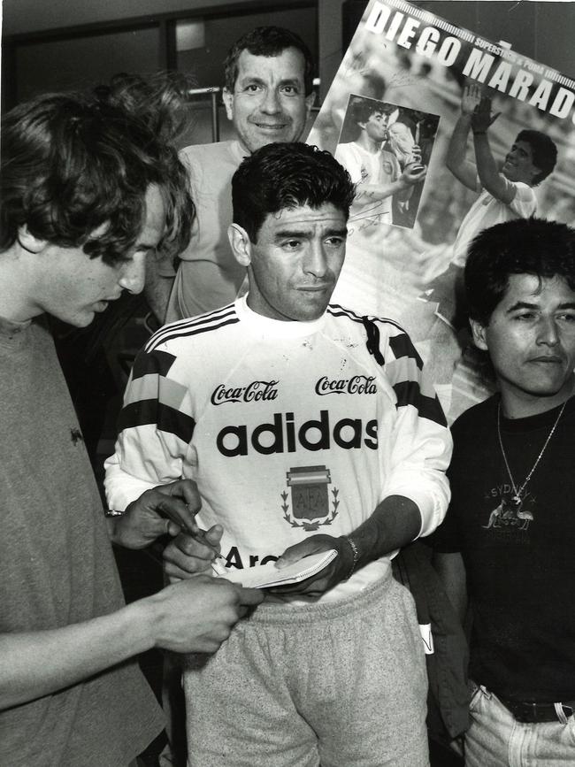 Maradona is swamped by fans when leaving his Coogee hotel fpr training while in Sydney for a World Cup qualifier in 1993 Picture: Matt Munro