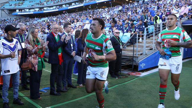 Anthony Albanese enjoys the atmosphere during the round six NRL match between Canterbury Bulldogs and South Sydney Rabbitohs on April 7. Picture: Getty Images