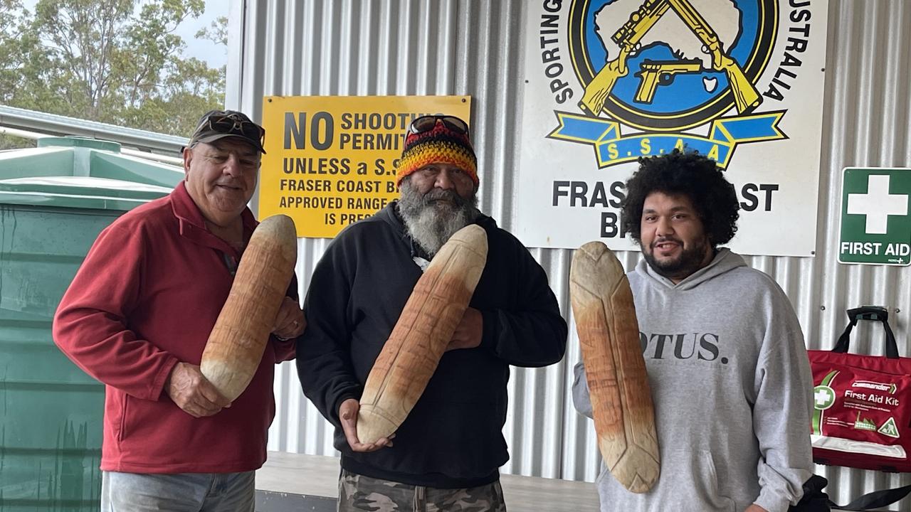 Butchulla men Glen Miller, John Ellis and David Conybear with the three shields.