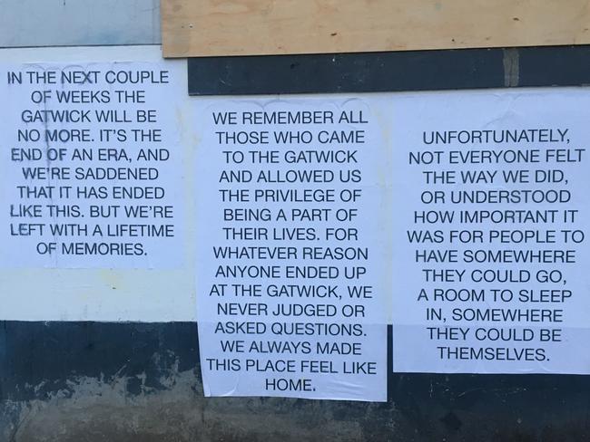 The longwinded message was pasted on the boarded-up building.