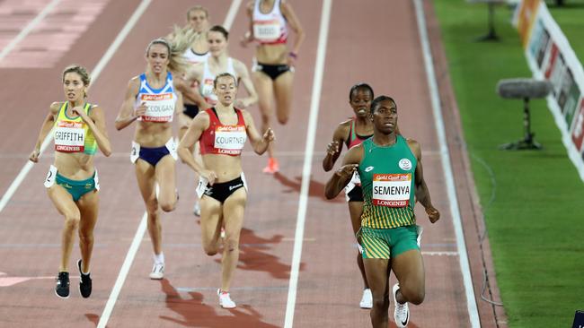 Caster Semenya crossing the line in first place.