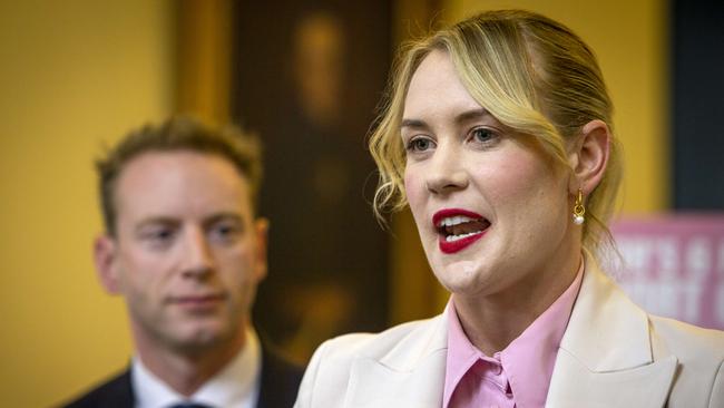 Liberal health spokeswoman Ashton Hurn at a Parliament House press conference, watched by Opposition Leader David Speirs. Picture: NCA NewsWire / Emma Brasier