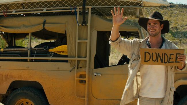 Chris Hemsworth in the new Dundee trailer. It’s been touted as a sequel to the original Crocodile Dundee films, but may actually be Super Bowl ad. (Pic: Supplied)