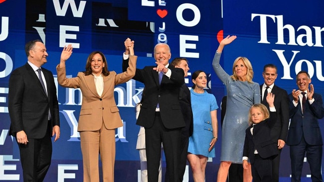 Joe Biden with Kamala Harris and family members at his last public appearance, at the Democratic National Convention, where he delivered the keynote address.