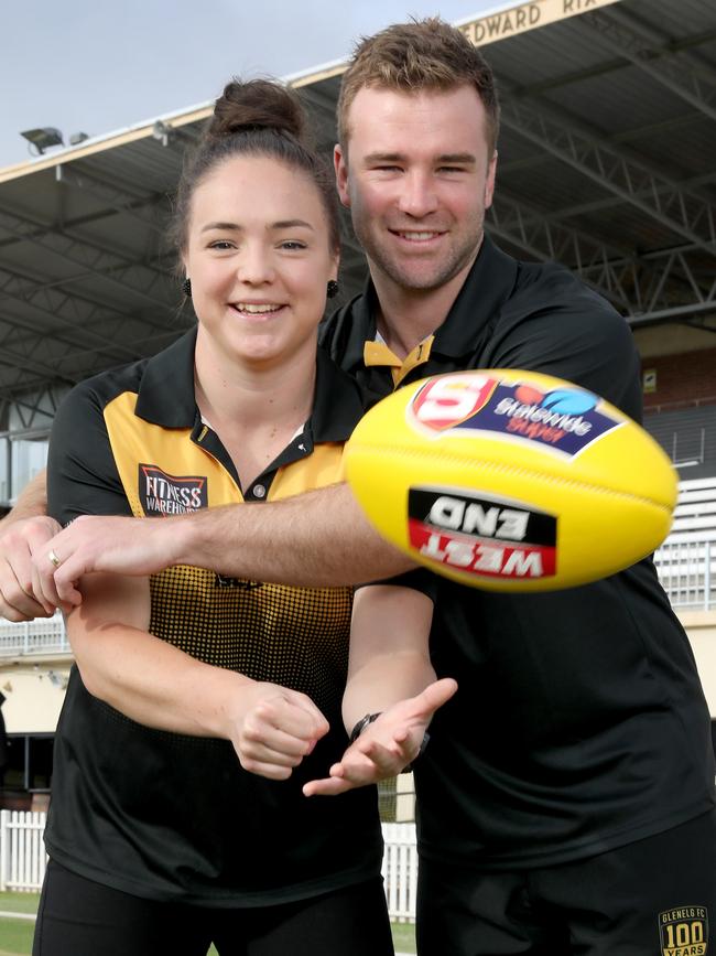 Sibling love — Brother sister/duo Alice and Andrew Bradley ahead of their respective SANFLW and SANFL seasons with Glenelg. Picture: Dean Martin