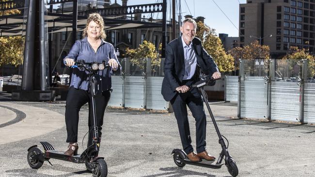 Hobart Lord Mayor Anna Reynolds and Launceston Mayor Albert van Zetten jointly announce an expressions of interest process to establish a trial of electric scooter hire in the two cities. Picture: EDDIE SAFARIK