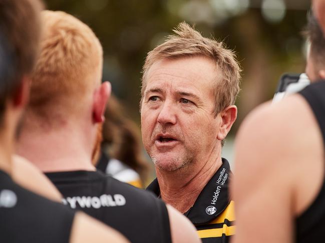 [Correction, correction] Glenelg Coach, Mark Stone talking to his team in the match against Centrals in Elizabeth, Saturday, May 18, 2019. Picture: MATT LOXTON