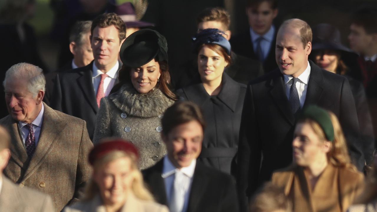 Britain's Prince Charles, second left, arrives with Britain's Princess Eugenie and her husband Jack Brooksbank, Britain's Prince William and Catherine, Duchess of Cambridge, centre row. Picture: AP/Jon Super