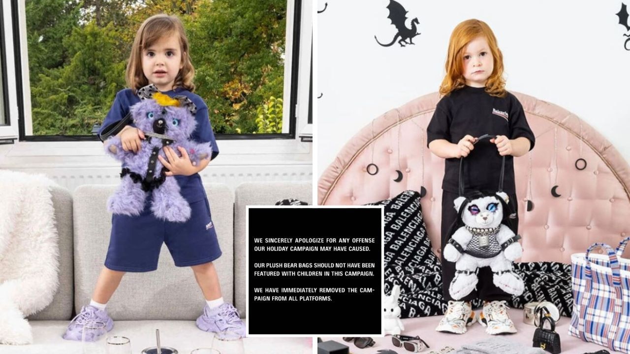 Young girls pictured holding teddy bears in bondage-style gear were formerly on the gift shop section of the Balenciaga website. Picture: Jam Press/Balenciaga