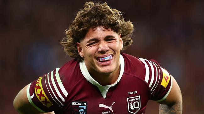 BRISBANE, AUSTRALIA - JULY 17:  Reece Walsh of the Maroons reacts after an injury during game three of the 2024 Men's State of Origin series between Queensland Maroons and New South Wales Blues at Suncorp Stadium on July 17, 2024 in Brisbane, Australia. (Photo by Chris Hyde/Getty Images)